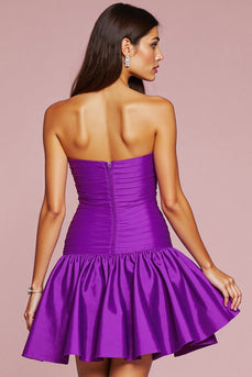 Dark Purple Satin Short Strapless Homecoming Dress with Rulffes