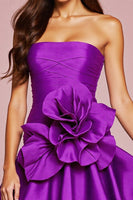 Load image into Gallery viewer, Dark Purple Satin Short Strapless Homecoming Dress with Rulffes