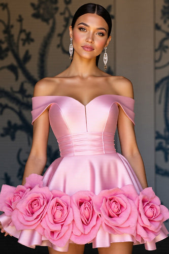 Floral Pink Satin A Line Short Homecoming Dress