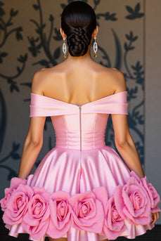 Floral Pink Satin A Line Short Homecoming Dress