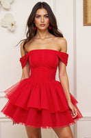 Load image into Gallery viewer, Red Corset A Line Tulle Short Tiered Homecoming Dress with Ruffles