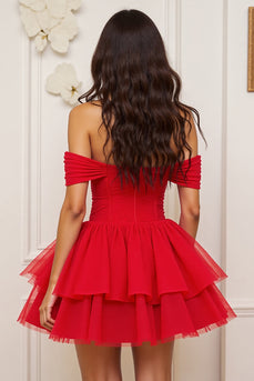 Red Corset A Line Tulle Short Tiered Homecoming Dress with Ruffles