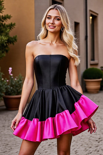 Black and Fuchsia Satin Strapless Short Corset Homecoming Dress