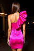 Load image into Gallery viewer, Fuchsia One Shoulder Tight Short Satin Homecoming Dress with Ruffles