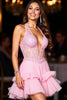 Load image into Gallery viewer, Sparkly Pink Tulle Corset Short Halter Homecoming Dress with Ruffles