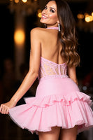 Load image into Gallery viewer, Sparkly Pink Tulle Corset Short Halter Homecoming Dress with Ruffles