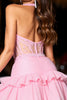 Load image into Gallery viewer, Sparkly Pink Tulle Corset Short Halter Homecoming Dress with Ruffles