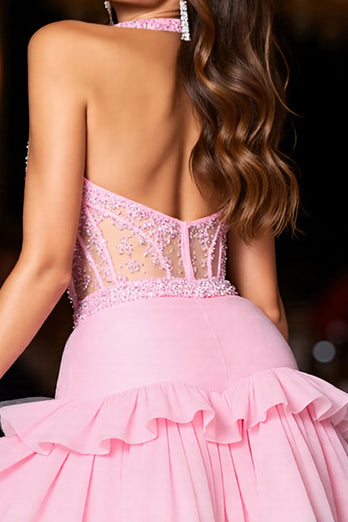 Sparkly Pink Tulle Corset Short Halter Homecoming Dress with Ruffles