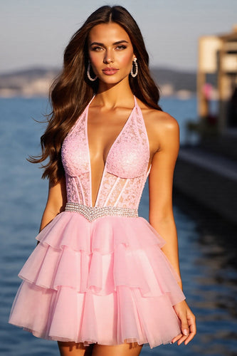 Sparkly Pink Tulle Corset Short Ruffled Homecoming Dress