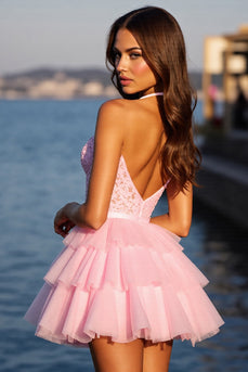 Sparkly Pink Tulle Corset Short Ruffled Homecoming Dress