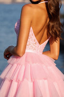 Load image into Gallery viewer, Sparkly Pink Tulle Corset Short Ruffled Homecoming Dress