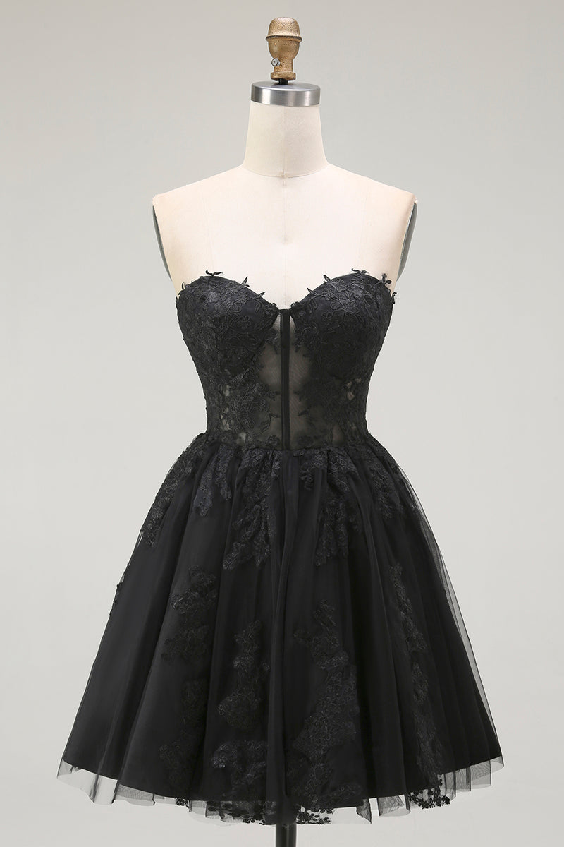Load image into Gallery viewer, Black Lace A Line Sweetheart Short Corset Homecoming Dress