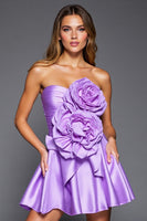 Load image into Gallery viewer, Purple Satin Strapless Short Homecoming Dress with 3D Flowers