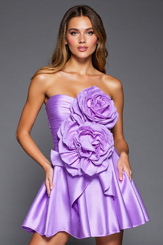Purple Satin Strapless Short Homecoming Dress with 3D Flowers