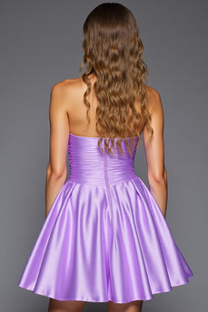 Purple Satin Strapless Short Homecoming Dress with 3D Flowers