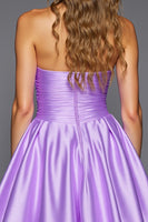 Load image into Gallery viewer, Purple Satin Strapless Short Homecoming Dress with 3D Flowers