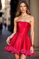 Load image into Gallery viewer, Floral Red Satin Short Strapless Homecoming Dress