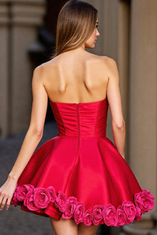 Floral Red Satin Short Strapless Homecoming Dress