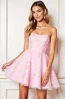 Load image into Gallery viewer, Floral Pink Corset Strapless Short Tulle Homecoming Dress