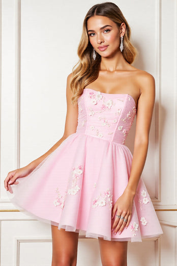 Floral Pink Corset Strapless Short Tulle Homecoming Dress