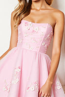 Load image into Gallery viewer, Floral Pink Corset Strapless Short Tulle Homecoming Dress