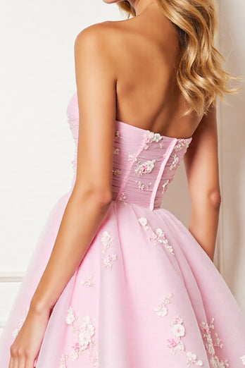 Floral Pink Corset Strapless Short Tulle Homecoming Dress