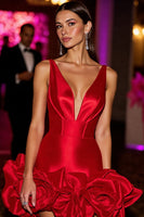 Load image into Gallery viewer, Floral Red Deep V-Neck Corset Short Satin Homecoming Dress