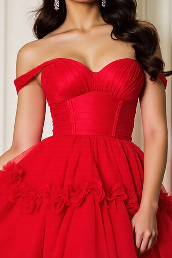 Red Corset A Line Short Tulle Homecoming Dress with Ruffles