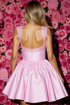 Pink Corset Satin A Line Short Homecoming Dress with Bow