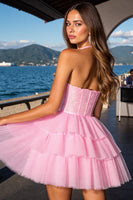 Load image into Gallery viewer, Pink Tulle Corset Short Tiered Homecoming Dress with Ruffles
