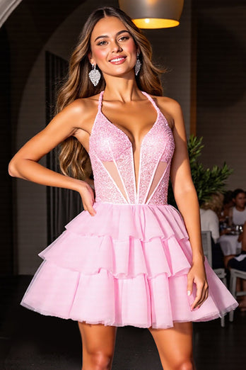 Pink Tulle Corset Short Tiered Homecoming Dress with Ruffles