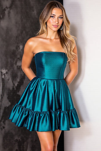 Dark Blue Satin Corset Strapless Short Homecoming Dress with Ruffles