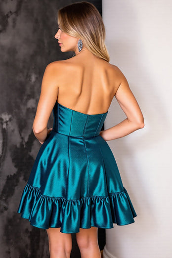 Dark Blue Satin Corset Strapless Short Homecoming Dress with Ruffles