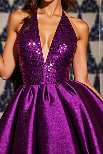 Sparkly Dark Purple Sequins A Line Short Halter Homecoming Dress