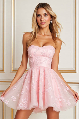 Pink Corset Floral Strapless Short Tulle Homecoming Dress