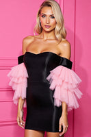 Load image into Gallery viewer, Black and Pink Satin Short Corset Homecoming Dress with Sleeves