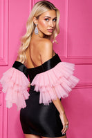 Load image into Gallery viewer, Black and Pink Satin Short Corset Homecoming Dress with Sleeves