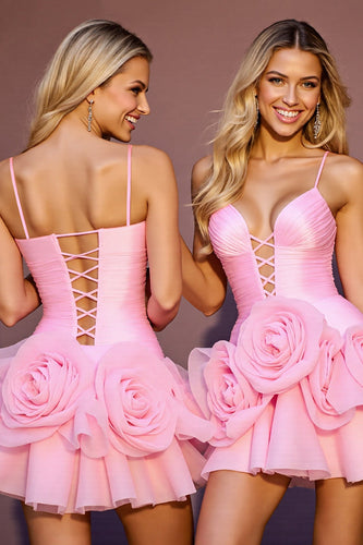 Pink A Line Short Tulle Homecoming Dress with 3D Flowers
