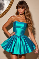 Load image into Gallery viewer, Blue Corset Strapless Satin A Line Short Homecoming Dress