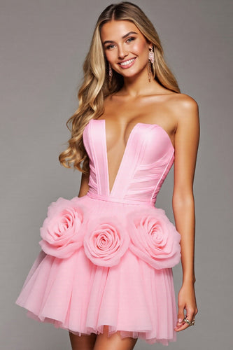 Floral Pink Corset A Line Short Tulle Homecoming Dress