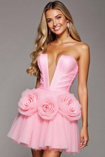 Floral Pink Corset A Line Short Tulle Homecoming Dress