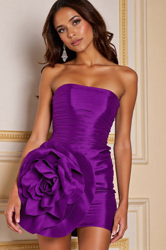 Floral Dark Purple Bodycon Short Satin Homecoming Dress