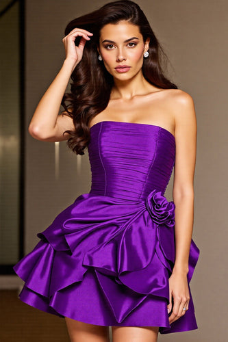 Floral Dark Purple Satin Short Homecoming Dress with Ruffles