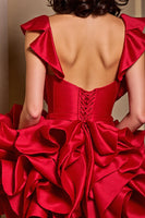 Load image into Gallery viewer, Sparkly Red Corset Satin Short Beaded Homecoming Dress with Ruffles