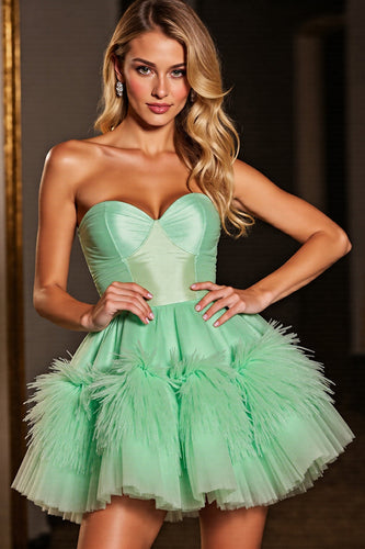 Green Corset Tulle Short Sweetheart Homecoming Dress with Feathers