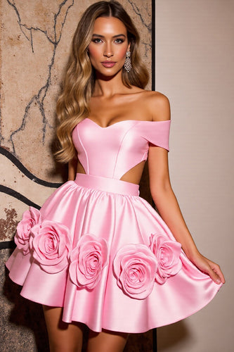 Pink Floral Satin A Line Short Corset Homecoming Dress