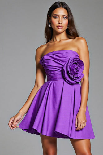 Floral Purple Strapless Short Satin Homecoming Dress