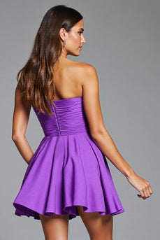 Floral Purple Strapless Short Satin Homecoming Dress