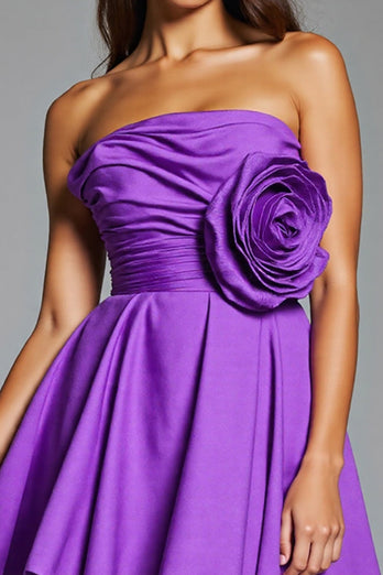 Floral Purple Strapless Short Satin Homecoming Dress