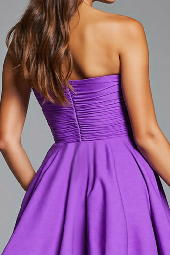 Floral Purple Strapless Short Satin Homecoming Dress